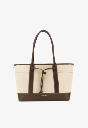 Borsa a mano beige e marrone con manici lunghi, rifiniture in pelle, dettaglio annodato frontale e due tasche laterali, progettata per l'uso quotidiano.