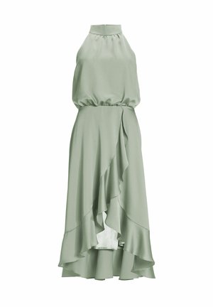 Sleeveless, halter neck dress in soft green fabric. Features a gathered waist and asymmetrical ruffled hemline. Smooth texture, elegant design.