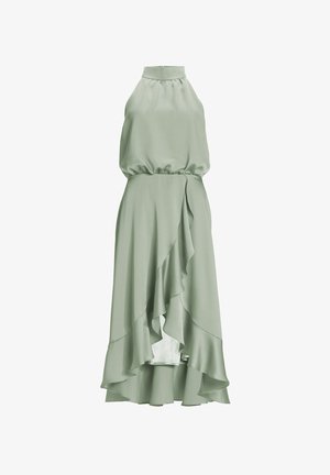 Sleeveless, halter neck dress in soft green fabric. Features a gathered waist and asymmetrical ruffled hemline. Smooth texture, elegant design.