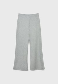 Grå brede bukser lavet af blødt, let stof. Har et enkelt design med en elastisk talje og ingen synlig hardware.