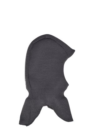 Dunkelgraue gestrickte Balaklava mit geripptem Kragen und verlängerter Klappe, die den oberen Hals- und unteren Gesichtsbereich bedeckt, für Wärme entwickelt.