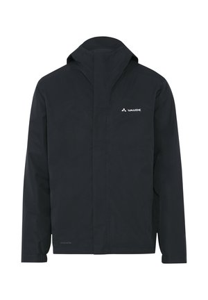 Veste imperméable noire avec col montant, manches longues et un design minimaliste avec un logo sur la poitrine gauche.