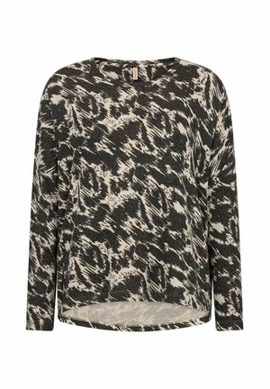 Juodas ir kreminis ilgomis rankovėmis viršus su tekstūrine, abstrakčia gyvūnų raštu. Yra laisvas kirpimas ir apvalus iškirpimas su šiek tiek išlenktu apačiu.