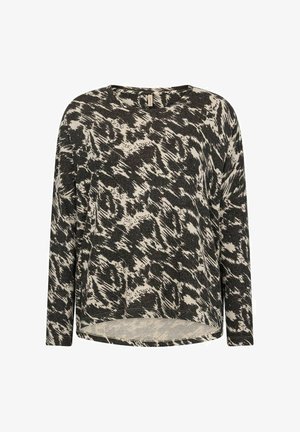 Garās piedurknes tops melnā un krēmkrāsā ar teksturētu, abstraktu dzīvnieku druku. Tam ir brīvs griezums un apaļa kakla izgriezums ar nedaudz izliekto apakšmalu.