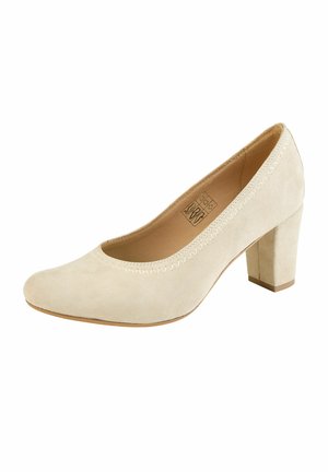Beige suède pumps voor dames met gesloten neus, blokhak, glad bovendeel en gestikte bies langs de opening.