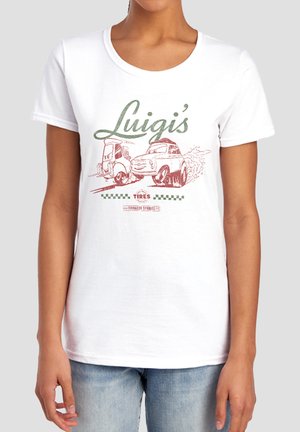 White short-sleeve t-shirt with a vintage car and truck illustration and the text "Luigi's Tires Radiator Springs" on the front.