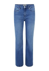 Blaue Jeans aus Denim mit geradem Bein, ausgestattet mit einem Reißverschluss und einem Knopfverschluss, Fronttaschen und einem schlichten Finish.