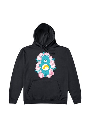 Czarny hoodie z żywym, niebieskim wzorem misia otoczonym różowymi różami, z żółtym akcentem na brzuchu misia oraz kieszenią z przodu.