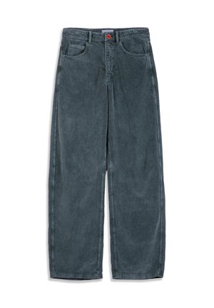 Pantalon large en velours côtelé gris foncé avec poches avant, passants pour ceinture, fermeture éclair et bouton rouge.