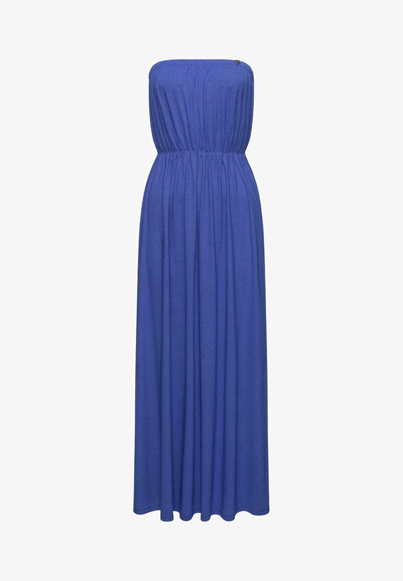 Blaues trägerloses Maxikleid mit elastischem Bund, fließendem Rock und dezentem Gather am Oberteil. Hergestellt aus leichtem Stoff.