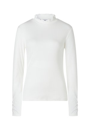 Weißes langärmeliges geripptes Top mit hohem, gerafftem Kragen und taillierter Silhouette.
