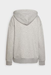 Hele hele hallitus halli kapuutsiga sviiter, millel on sile tekstuur, rippuvad õlad, soonikkoes mansetid ja hem, lõdva lõikega ning ilma nähtavate logodeta.