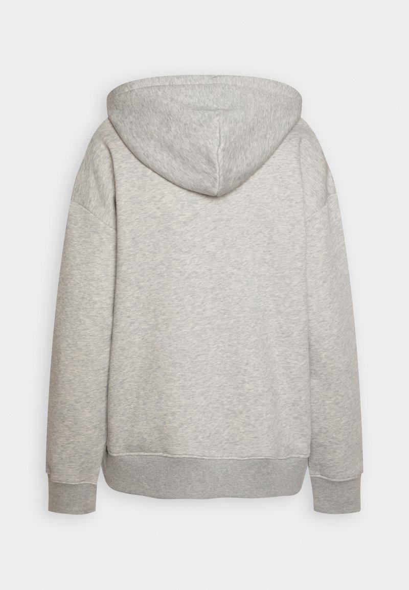 Sweat-shirt à capuche gris clair avec une texture lisse, des épaules tombantes, des poignets et un ourlet côtelés, avec une coupe décontractée et sans logos visibles.