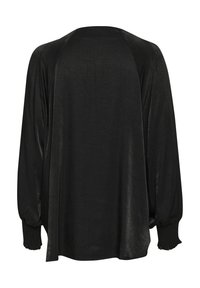 Černá blůza s dlouhým rukávem, volného střihu, texturované tkaniny, ribbed cuffy a zaobleným výstřihem. Žádné viditelné vzory ani kovové prvky.