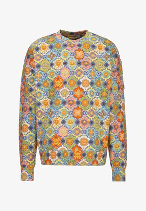 Sweatshirt mit lebendigen, mehrfarbigen geometrischen und floralen Mustern, die Sonnen- und Medaillon-Motive in Orange-, Blau-, Grün- und Gelbtönen zeigen.