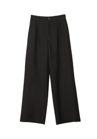 Schwarze weit geschnittene Hosen mit einem Knopf- und Reißverschluss, Gürtelschlaufen und Falten an der Vorderseite.