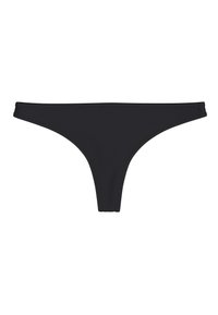 Zwarte thong van gladde stof, met een minimalistisch ontwerp, dunne zijkanten en een klassieke driehoekige vorm. Geen extra patronen of accenten.