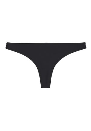 Zwarte thong van gladde stof, met een minimalistisch ontwerp, dunne zijkanten en een klassieke driehoekige vorm. Geen extra patronen of accenten.
