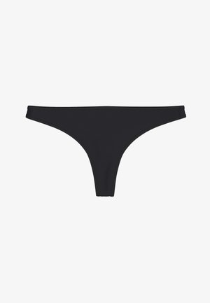 Black thong made of smooth fabric, featuring a minimal design with thin side straps and a classic triangular shape. No additional patterns or accents.