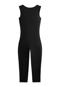 Salopetă neagră cu design fără mâneci, formă ajustată, pantaloni scurți până la genunchi și textură netedă, realizată din material elastic. Fără elemente de prindere vizibile.