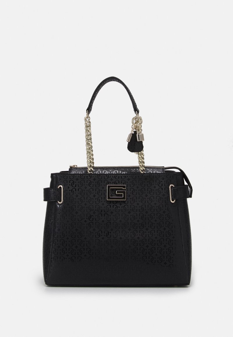 Sac à main noir avec motif en relief, poignées en chaîne dorée, un logo doré "G" sur le devant et un petit charm cadenas doré.