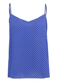 Modrý tílko s tenkými ramínky a bílými puntíky, s jemným výstřihem ve tvaru písmene V.