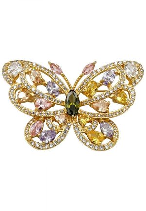 Spilla a forma di farfalla in oro con pietre multicolori a taglio marquise e rotondo, con una gemma nera centrale e strass trasparenti decorativi.