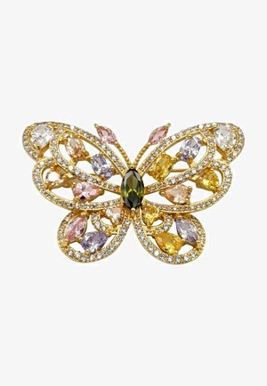 Spilla a forma di farfalla in oro con pietre multicolori a taglio marquise e rotondo, con una gemma nera centrale e strass trasparenti decorativi.