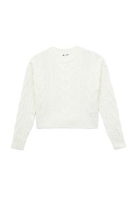 Maglione bianco corto con un design a trecce, collo rotondo e maniche lunghe. Tessuto morbido con polsini e orlo a costine.