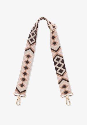 Cinghietta in tessuto intrecciato nei colori rosa, marrone e beige con motivi geometrici, dotata di accessori in metallo color oro e ganci girevoli per il fissaggio.