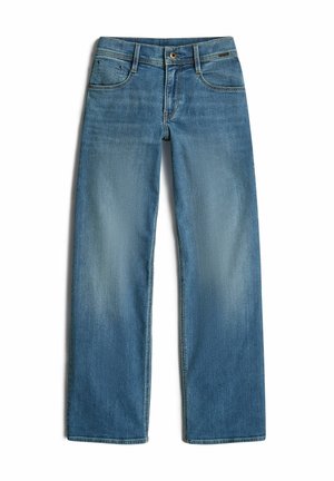 Jean en denim bleu à jambes droites avec poches avant, fermeture par bouton, et décoloration sur les cuisses et les genoux.