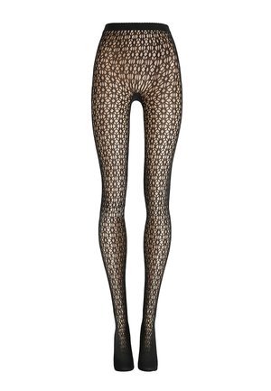 Zwarte doorschijnende panty's met een bloemig en geometrisch kantpatroon, voorzien van een effen tailleband en voeten, tentoongesteld op een witte achtergrond.