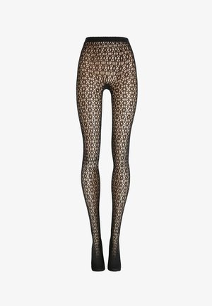 Schwarze gemusterte transparente Strumpfhosen mit einem floralen und geometrischen Spitzenmuster, ausgestattet mit einem festen Bund und geschlossenen Fußenden, präsentiert vor weißem Hintergrund.