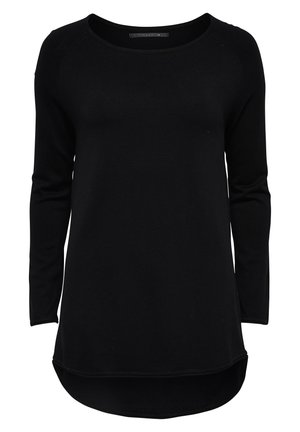 Top noir à manches longues en tissu doux, avec un col rond, un ourlet arrondi, et un design minimaliste sans motifs ni embellissements.