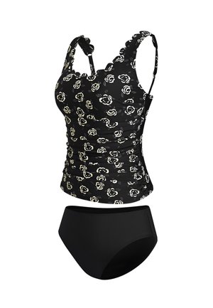 Schwarzer zweiteiliger Badeanzug mit weißem Blumenmuster auf gerafftem Tanktop und einfarbigen schwarzen High-Waist-Hosen.