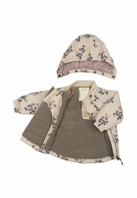 Giacca leggera con motivo floreale in beige, con un morbido rivestimento interno grigio e cappuccio removibile con bordi elasticizzati.