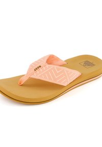 Pink flip-flop with textured fabric straps featuring a geometric pattern, a tan rubber sole, and subtle white accent lines on edges.