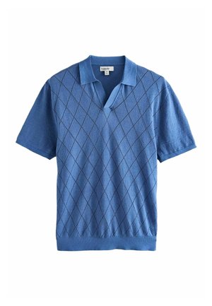 Blå kortærmet polotrøje med sort diamantmønster, krave og V-udskæring, strikstof, størrelse medium.