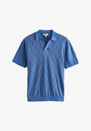 Polo bleu à manches courtes avec motif losanges noirs, col et ouverture en V, tissu tricoté, taille moyenne.