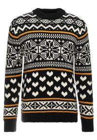 Maglione lavorato a maglia nero, con accenti bianchi e dorati. I modelli includono cuori e design geometrici. Collo rotondo e polsini a coste.