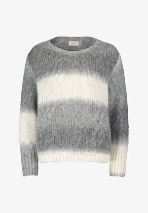 Grober Strickpullover mit breiten horizontalen Streifen in Grau und Weiß, mit langen Ärmeln und rundem Ausschnitt.