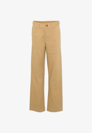 Pantalon beige à jambe droite avec bouton frontal et passants de ceinture, doté de poches latérales et d’une finition lisse et ajustée.