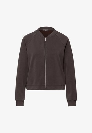 Chaqueta bomber marrón oscuro con cremallera, puños y cuello acanalados, hecha de tela suave, con un ajuste relajado y mangas raglán.