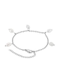 Bracciale in argento con cinque perle bianche a forma di goccia, dotato di chiusura a moschettone e lunghezza regolabile per una vestibilità ottimale.