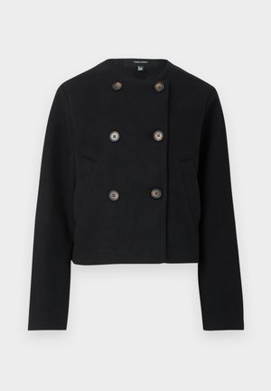 Black cropped double-breasted jacket with six buttons and two front pockets, featuring a round neckline and long sleeves.