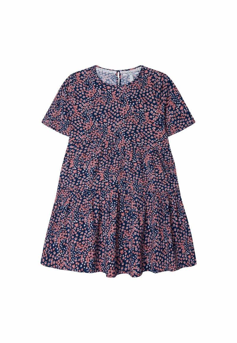 Námořnické květinové šaty s malými růžovými a bílými květy, krátkými rukávy, kulatým výstřihem a nařaseným pasem přecházejícím do rozšířené sukňky.