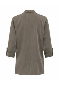 Ruda, ilgomis rankovėmis marškiniai su lygiu audiniu, apykakle ir užtrauktomis rankovėmis; paprasto, tiesaus silueto modelis.