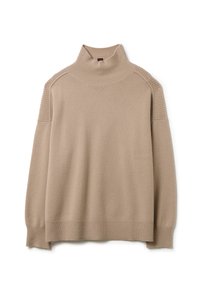 Beige Pullover mit hohem Kragen aus weichem Strickmaterial. Verfügt über gerippte Texturen am Kragen und an den Bündchen, mit einer lässigen Silhouette und seitlichen Schlitzen.