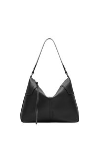 Borsa a spalla in pelle nera con design curvo, dotata di una singola tracolla regolabile e chiusura con zip superiore. Dettaglio logo sottile.