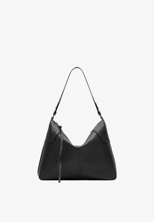 Black leather shoulder bag with a curved design, featuring a single adjustable strap and a top zipper closure. Subtle logo detail.